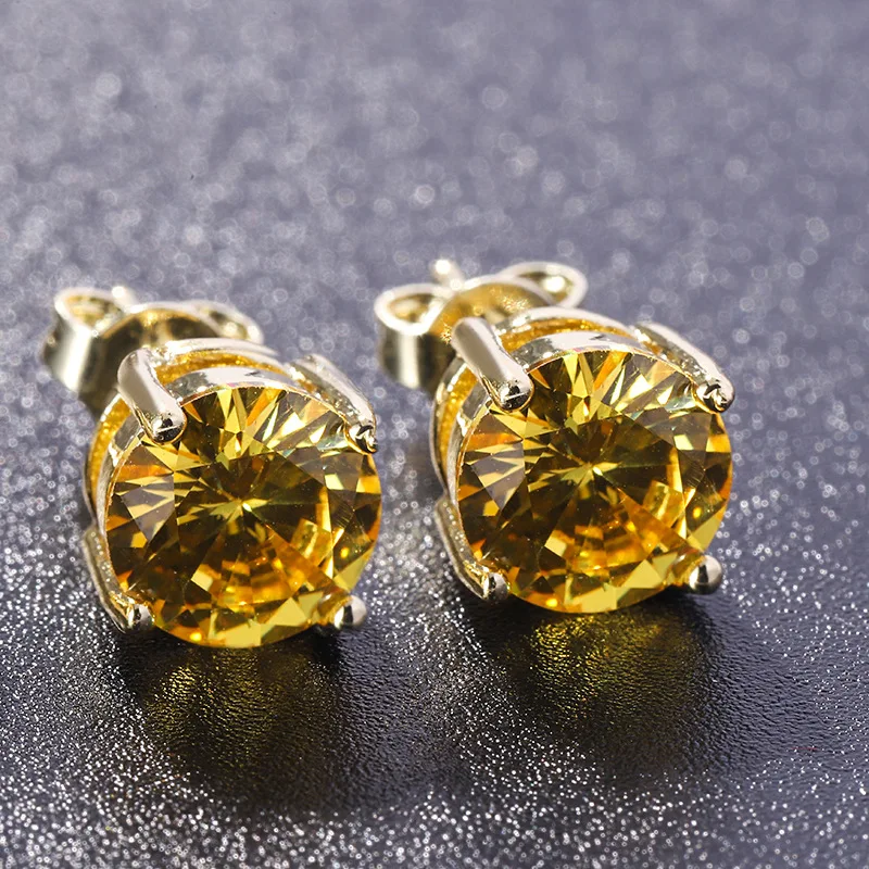 Gelbe Kristall-Ohrringe mit rundem Stein, klassisch, vier Krallen, kleiner Ohrstecker für Damen, Vintage-Mode, goldfarbener Geburtsstein-Schmuck Image