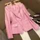 Women Pink Faux Leather Blazers Coat OL Woman Double-breasted Suit Cardigan Turn Down Collar Jacket