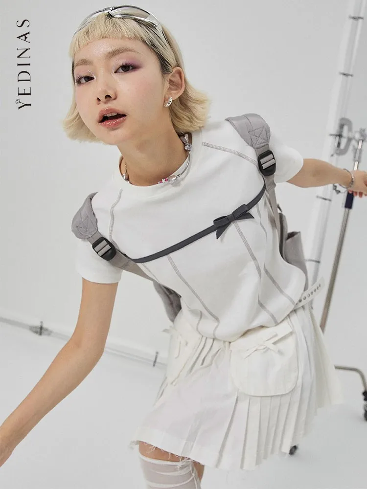 Yedinas 100% Cotton Bow T Shirt Women Clothes Short Sleeve Crop Top Summer Streetwear High Quality Slim Tees Y2k Tshirt Chic