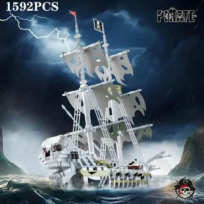 1592PCS Skelett Geist Schiff Bausteine Sturm Piraten Schiff Modell Ziegel Desktop Dekoration Image