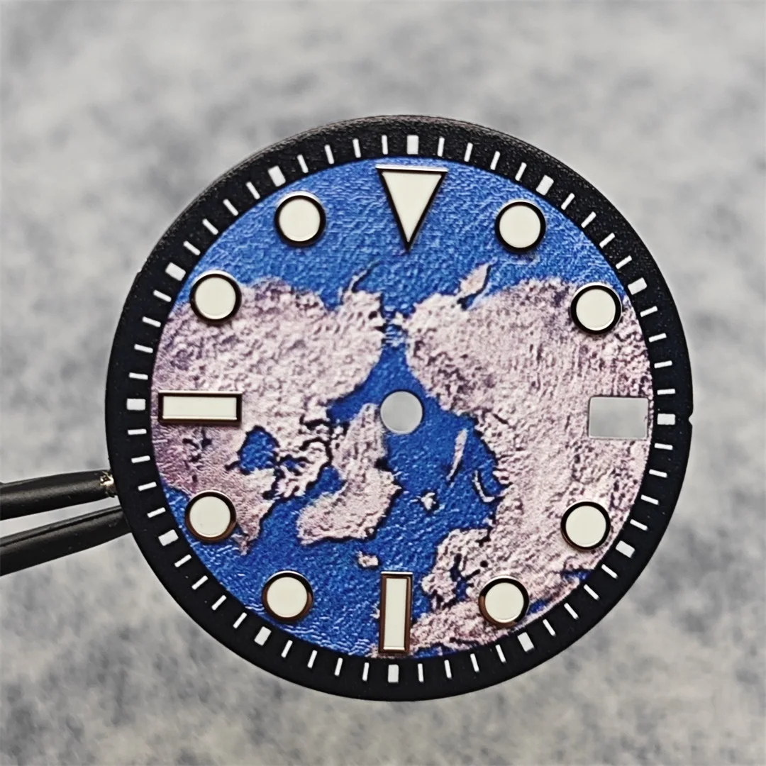 Erd oberfläche zifferblatt 28,5mm diy uhr zifferblatt mit grün leuchtenden kalender fenster uhr gesichter für nh35 werk uhr zubehör Image