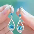 Luxury Hanging Try Long Oval Crystal Sapphire Earrings for Women Bridal Engagement Wedding Earring