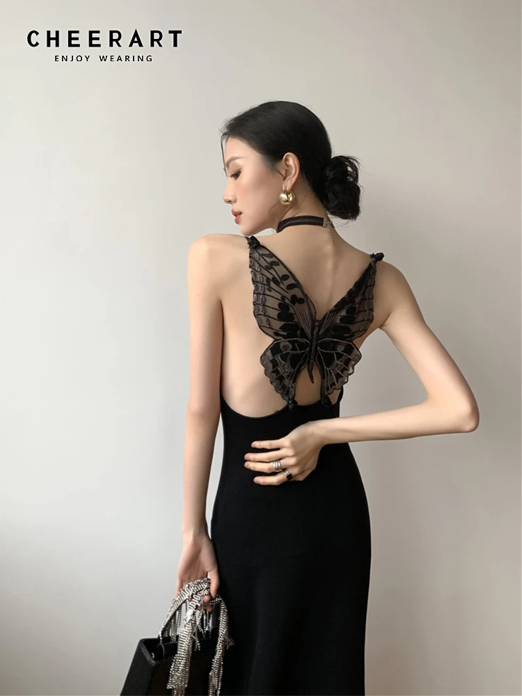 CHEERART Backless Schmetterling Elegante Lange Sexy Kleid Frauen Sommer Spaghetti Band Schwarz Bodycon Damen Midi Nacht Club Kleid
