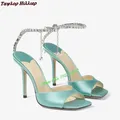 2024 primavera punta quadrata Open Toe azzurro tacchi alti strass manica catena sandali moda