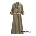 KONDALA-Robe trapèze en lin pour femme robe chemise vintage col en V demi-manches boutons