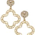 Canvas Style Emilia Greek Keys Clover And Pearl Studded Statement Earrings - Gold