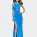 La Femme Long Satin Prom Dress With Plunging Neckline And Slit - Blue - 4