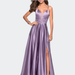 La Femme Long Satin Formal Gown with Leg Slit and Strappy Back - Purple - 2