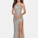 La Femme High Neck Sequin Gown With Open Back And Slit - Grey - 8