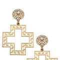 Canvas Style Emilia Greek Keys Cross And Pearl Studded Statement Earrings - Gold
