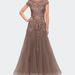 La Femme Long Tulle Gown with Intricate Lace Detailing - Brown - 12