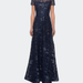 La Femme Short Sleeve Long Sequin Dress with Sheer Neckline - Blue - 4