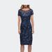 La Femme Short Beaded Lace Dress with Illusion Top and Sleeves - Blue - 2