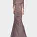 La Femme Satin Mermaid Gown with Off the Shoulder Lace Bodice - Brown - 12