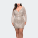 La Femme Short Sequin Plus Dress with Long Sleeves - Grey - 14W