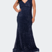 La Femme Faux Wrap Bodice Sequin Plus Size Gown - Blue - 16W