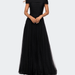 La Femme Tulle Off the Shoulder A-line Dress with Rhinestones - Black - 8