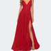 La Femme Tulle Prom Dress with Floral Detail and Side Slit - Red - 4