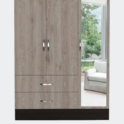 FM Furniture Florencia S Mirrored Armoire, Two Cabinets With Divisions, Two Drawers - Brown