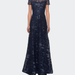 La Femme Short Sleeve Long Sequin Dress with Sheer Neckline - Blue - 6