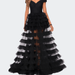 La Femme Sheer Layered Tulle Off the Shoulder Prom Gown - Black - 6