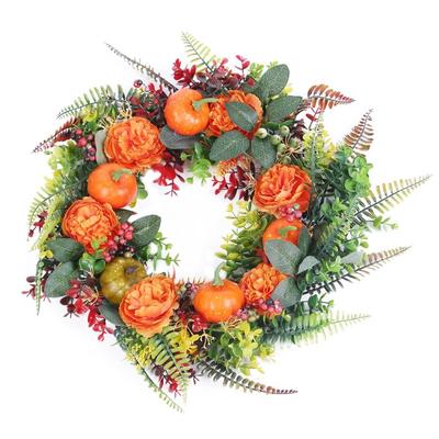 Fresh Fab Finds 17.71" Autumn Wreath With Pumpkin Mixed Leaves Berries Flowers Fall Decoration