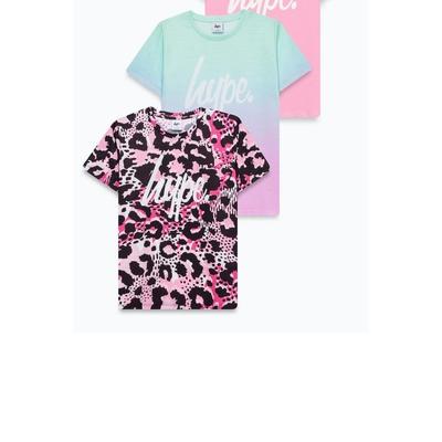 Hype Hype Girls Fade Leopard Print T-Shirt Set (Pack of 3) (Pink/Blue/Black) - Pink - 15