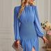 Anna-Kaci Shirred Waist Front Slit Dress - Blue - L