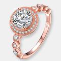 Genevive Sterling Silver Rose Gold Plated Cubic Zirconia Pave Solitaire Ring - Pink - 6