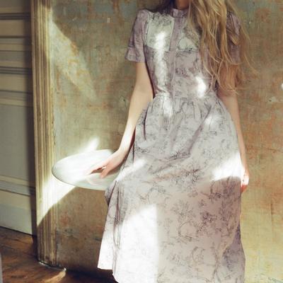 OnÄ«rik Clover Shirt Dress In Lilac + Vintage White Toile Print Cotton Voile - Purple - XXL