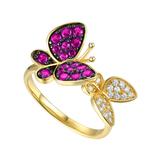 Genevive Genevive 14k Gold Plated Sterling Silver with Ruby & Diamond Cubic Zirconia Double Butterfly Stacking Ring - Red - 7