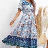 Anna-Kaci Bohemian Print Button Front Dress - Blue - S