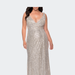 La Femme Sequin Plus Size Gown with Ruching and V-neck - Grey - 18W