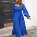 Anna-Kaci Square Neck Shirred Midi Dress - Blue - XL 10-12