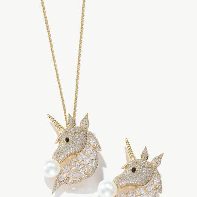 Classicharms Gold Pave Unicorn Brooch and Necklace Set - Yellow