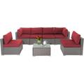SUNCROWN Outdoor Patio Furniture Set 7 Piece Outdoor Sectional Sofa Grey Wicker Conversation Sofa Set with Coffee Table and Cushions (Red)