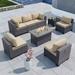 8PCS Outdoor Patio Furniture Set with 43 55000BTU Gas Propane Fire Pit Table PE Wicker Rattan Sectional Sofa Patio Conversation Sets Navy Blue