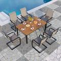 VILLA 7 PCS Outdoor Dining Table and Chairs 6 Spring Chairs with Higher Back and Wood-Like Table Top Dining Table Waterproof Rustproof for Garden Yard