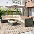 Churanty Patio Rattan Wicker Sectional Sofa with Ottoman 6 Pieces Outdoor Conversation Set with Cushions and Small Trays Beige