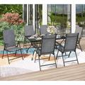 VILLA 7 PCs Outdoor Patio Dining Set 6 Adjustable Folding Reclining Sling Chair with Armrest & 1 Rectangle Patio Dining Table with 1.57 Umbrella Hole (Black)