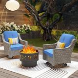 Ovios 3 Pieces Outdoor Patio Furniture with Rocking Swivel Chairs Gray Wicker Conversation Set with Wood Burning Fire Pit for Balcony