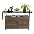 Kevinplus Outdoor Wicker Bar Cart Patio Wine Serving Cart w/Wheels Rolling Rattan Beverage Bar Counter Table w/Glass Top for Porch Backyard Garden Poolside Party Light brown