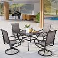 durable 5 Pieces Outdoor Dining Set 4 Sling Dining Swivel Chairs and 48 Round Metal Wood Grain Table with 2 Umbrella Hole Furniture Sets for Lawn Backyard Garden