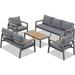 Aluminum Patio Furniture Set 5 Pieces Outdoor Conversation Set with Teak Wood Top Coffee Table Sectional Sofa Set with Wood Armrest and Cushions for Outside Poolside Lawn Backyard Gr