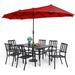 durable VILLA 5 Piece Outdoor Dining Set with 10ft Umbrella 37 Square Metal Dining Table & 4 Stacking Metal Chair with 3 Tier Beige Umbrella for Patio Deck Yard Porch