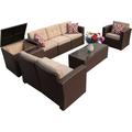 Patio 8 Pieces Patio Furniture Set Outdoor Sectional Sofa PE Wicker Patio Conversation Sets with Storage Box Coffee Table Three Red Pillows Brown