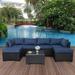 Pieces Outdoor PE Wicker Furniture Set Patio Rattan Sectional Conversation Sofa Set with Navy Blue Cushions and Glass Top Table