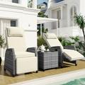 Churanty Outdoor Wicker Adjustable Lounge Chair for 2 3 Pieces Rattan Patio Conversation Set with Coffee Table for Courtyard Swimming Pool Balcony Beige