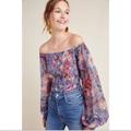 Anthropologie Tops | Anthropology Smocked Puff Sleeve Crop Top Floral Purple Roven Blouse Mesh Top L | Color: Purple | Size: L