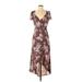 Lily Rose Casual Dress - Midi Plunge Short sleeves: Brown Floral Dresses - Women's Size Small